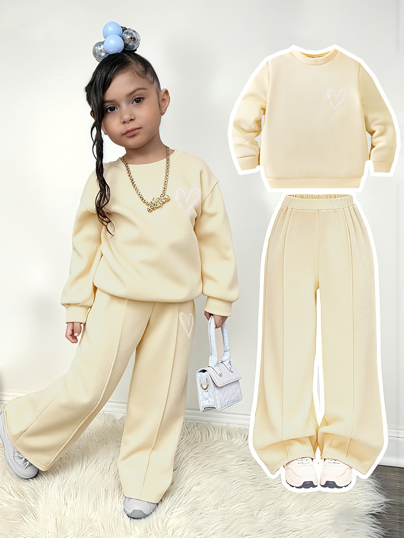 Girls' Heart Print Fleece Sweatshirt & Long Pants Two-Piece Set, Warm Cozy Comfortable Fabric, Perfect for Autumn Winter Outdoor Wear, Great Gift for Children