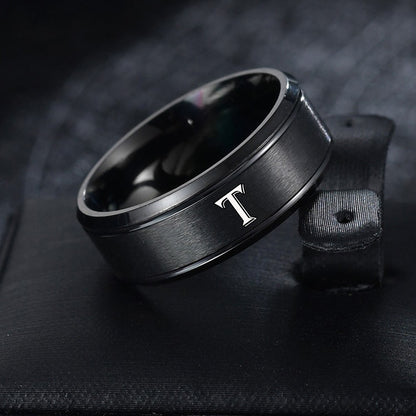 1pc European and American Fashion Versatile 26 English Letters Double Beveled Frosted Two-Line Men's Stainless Steel Ring (B81)