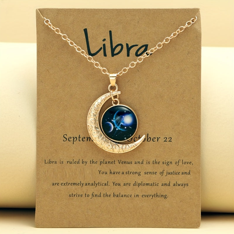 1pc Retro Glow-In-The-Dark Zodiac Moon Pendant Necklace - Vintage Style, Zinc Alloy with Accents, Adjustable Chain for Women - Ideal for Daily Wear & Gifting, Zodiac Jewelry, Gift Jewelry, Vintage Jewelry, Durable Jewelry