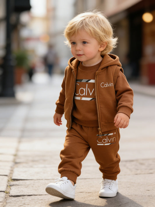 3pcs Set - Long-Sleeve Pullover Top for Babies in Autumn And Winter + Elastic Waist Long Pants + Vest - Street Style with "Calvin" Letter Print, Suitable for Outdoor Wear And Casual Outfits in The Fall And Winter