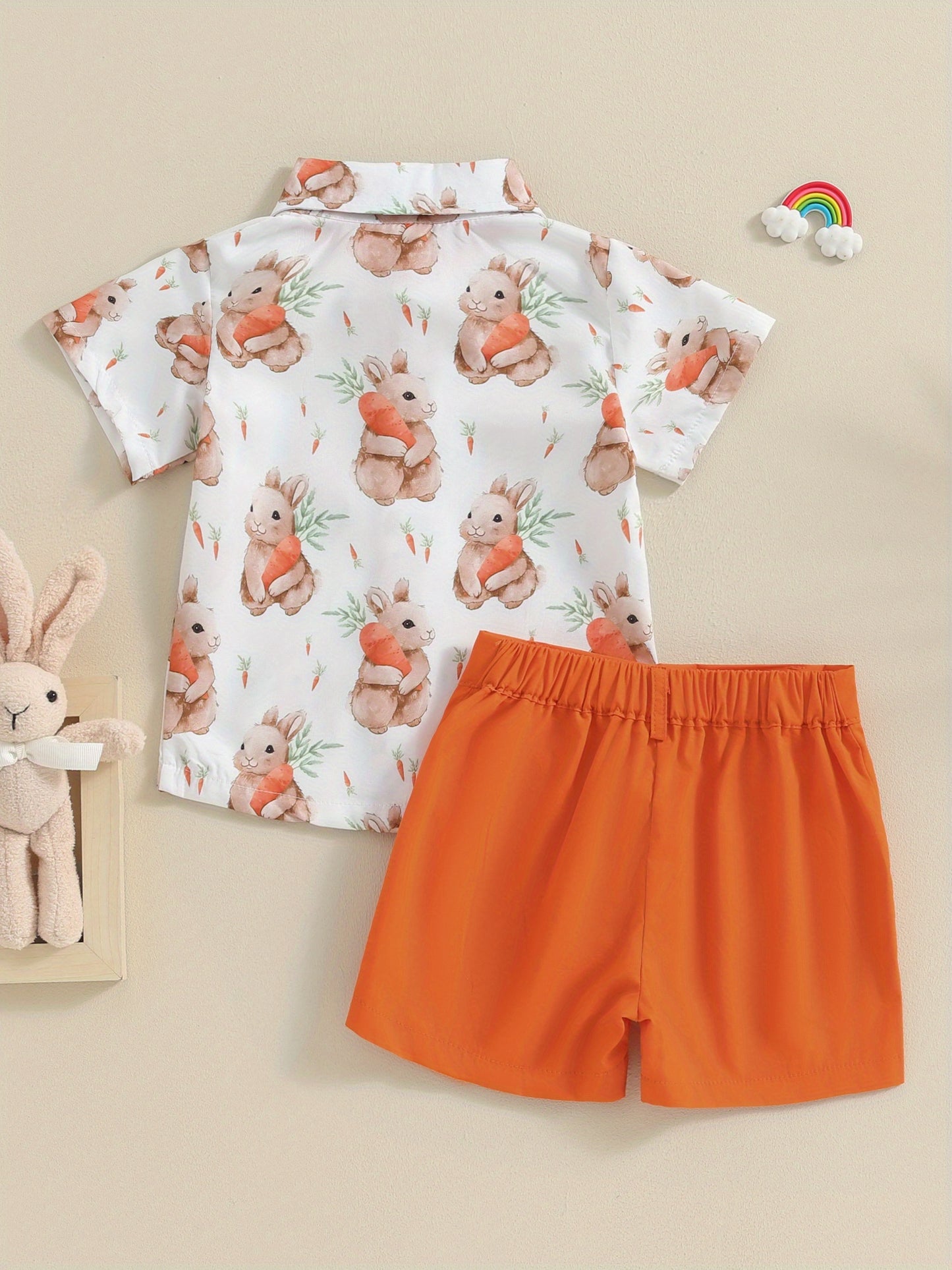 Summer Clothing Set for Young Boys Featuring a Short-Sleeve Shirt And Shorts with a Carrot And Rabbit Design, Complete with a Bowtie, for Outdoor