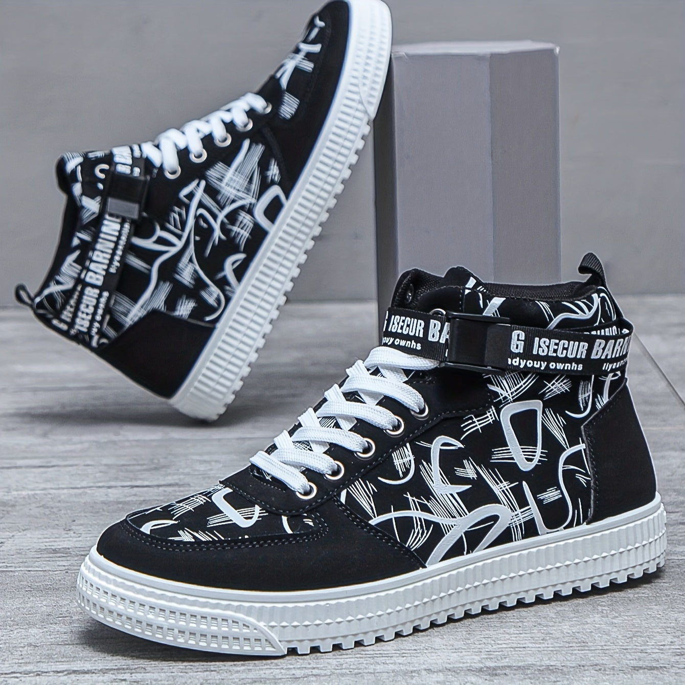 Men'S Fashionable Easy Comfortable Black Mid-Top Casual Sneakers | Non-Slip, Versatile for All Seasons, Faux Upper and Sole, Lace Closure