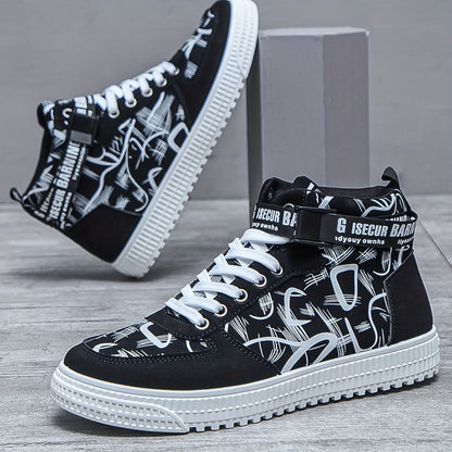 Men'S Fashionable Easy Comfortable Black Mid-Top Casual Sneakers | Non-Slip, Versatile for All Seasons, Faux Upper and Sole, Lace Closure