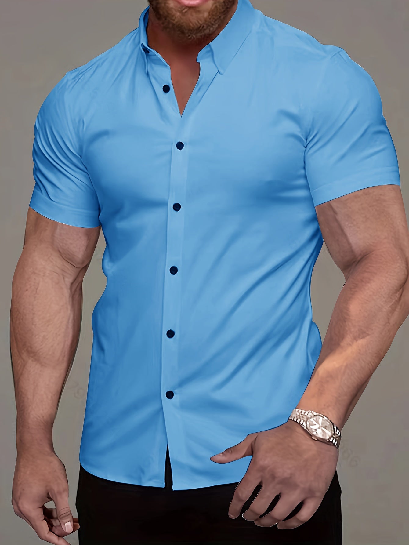 Muscle Man Fitness Short Sleeve Lapel Shirt | Non-Stretch, Solid Color, Button Detail, Summer Business Casual Non-Iron Shirt