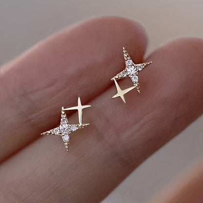 Trendy Inlay Zirconia Double Star Stud Earrings for Women Proposal Engagement Party Jewelry Gift