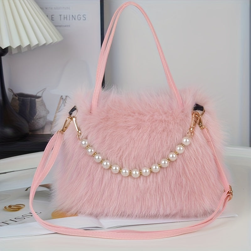 Available in 5 Colors, a Fashionable Faux Fur Crossbody Bag with Accents - Women's Soft Plush Shoulder Bag, Options in Deep Pink/white/black