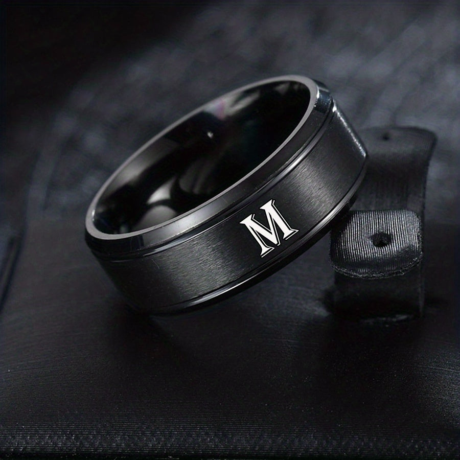 1pc European and American Fashion Versatile 26 English Letters Double Beveled Frosted Two-Line Men's Stainless Steel Ring (B81)