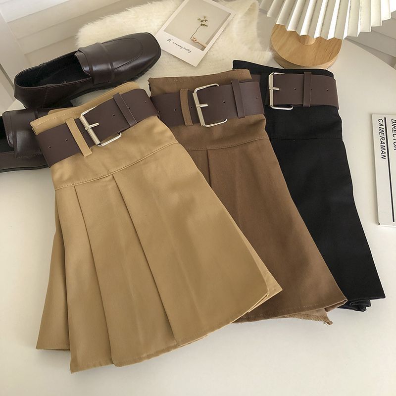 With belt high waist pleated skirt women's spring and summer 2025 new Korean version versatile anti-light khaki skirt