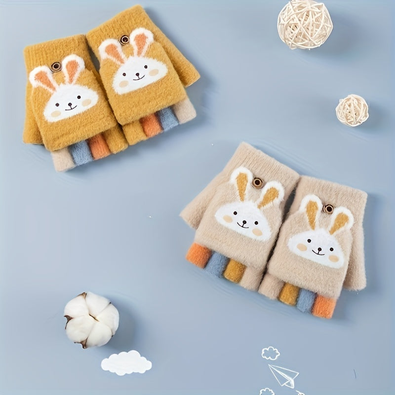 A Pair of Gloves, Thick Half-Finger Knitted Cartoon Warm Flip Gloves for Girls in Winter