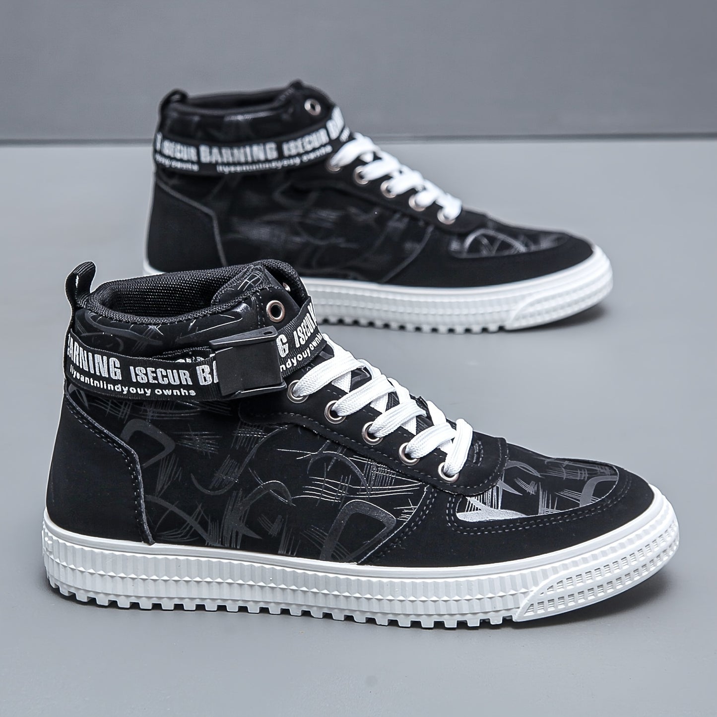 Men'S Fashionable Easy Comfortable Black Mid-Top Casual Sneakers | Non-Slip, Versatile for All Seasons, Faux Upper and Sole, Lace Closure