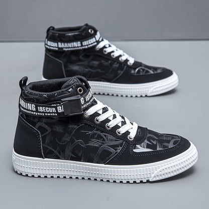 Men'S Fashionable Easy Comfortable Black Mid-Top Casual Sneakers | Non-Slip, Versatile for All Seasons, Faux Upper and Sole, Lace Closure