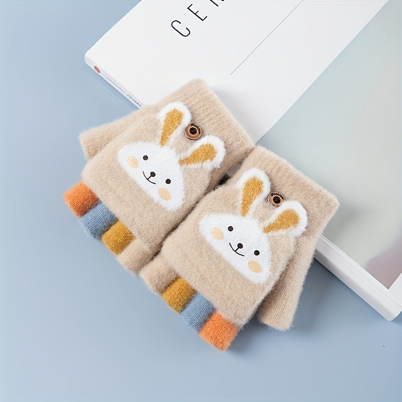 A Pair of Gloves, Thick Half-Finger Knitted Cartoon Warm Flip Gloves for Girls in Winter