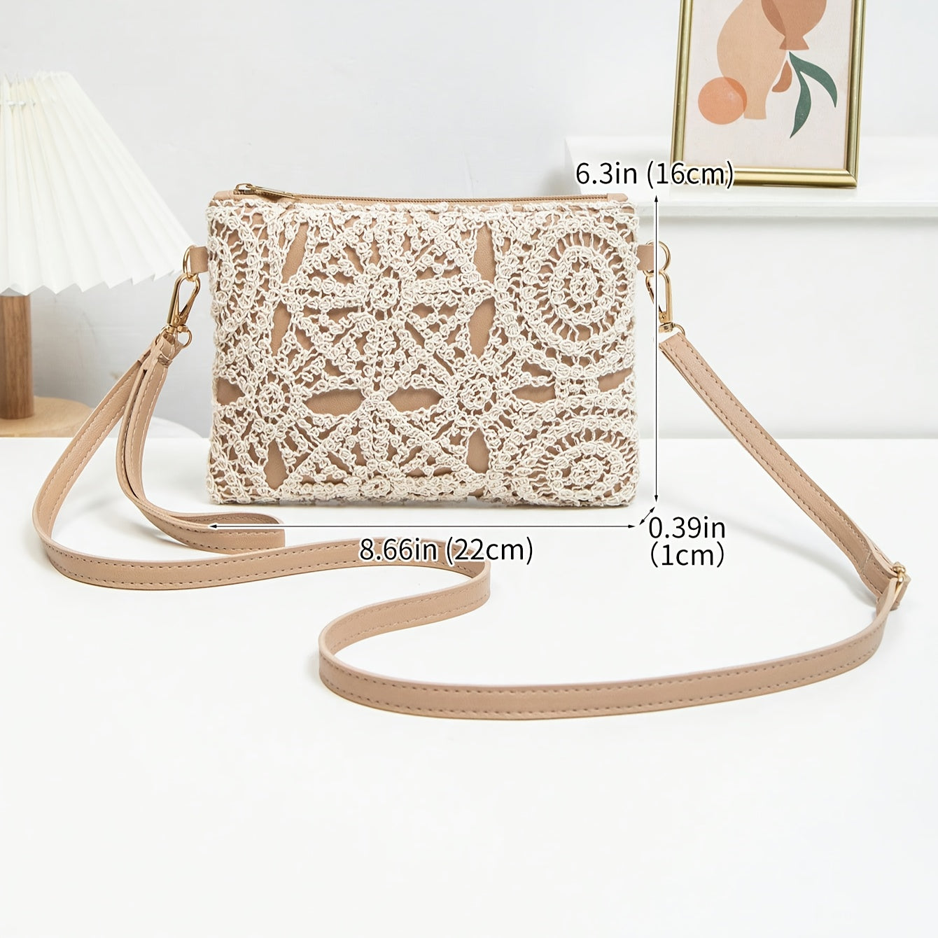 Elegant Lace Crossbody Bag, Intricate White Lace Patterns with Simple Nude Strap, Feminine Charm, Perfect for Spring and Summer, Complements Dresses or Casual Outfits, Not Washable