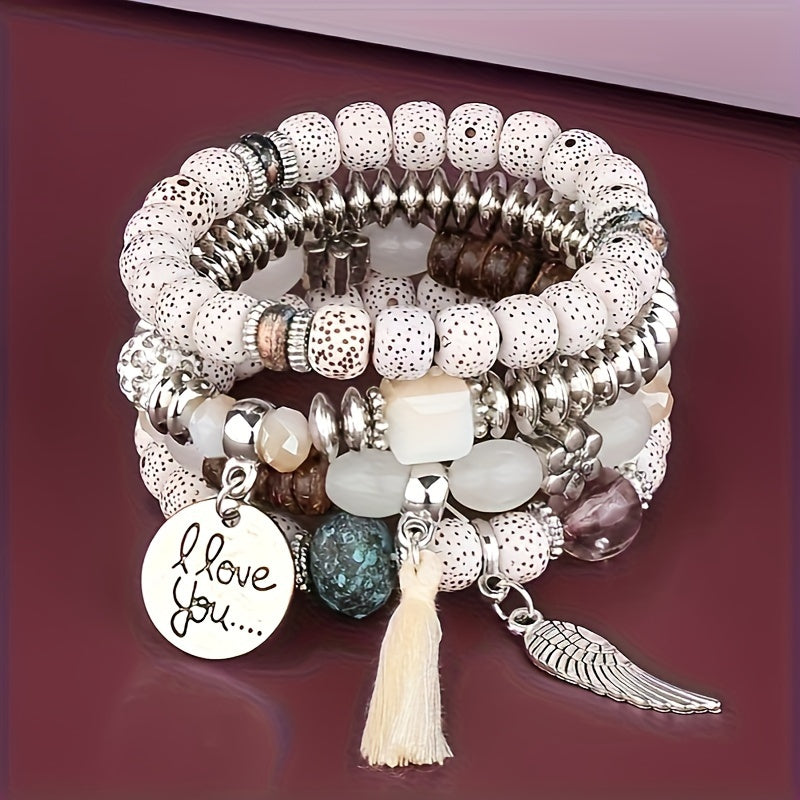 [4pcs Bohemian Bracelets] 4pcs Bohemian Winged Tassel Beaded Bracelets | Women's Fashion Jewelry, Versatile for Casual Attire and Perfect Holiday Gift
