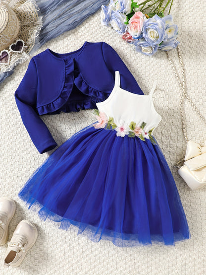 Girls' Autumn And Winter Casual Fashion Two-Piece Set with Ruffled Jacket And Floral Embroidered Dress, Perfect for Holiday Party Gifts, for Outdoor