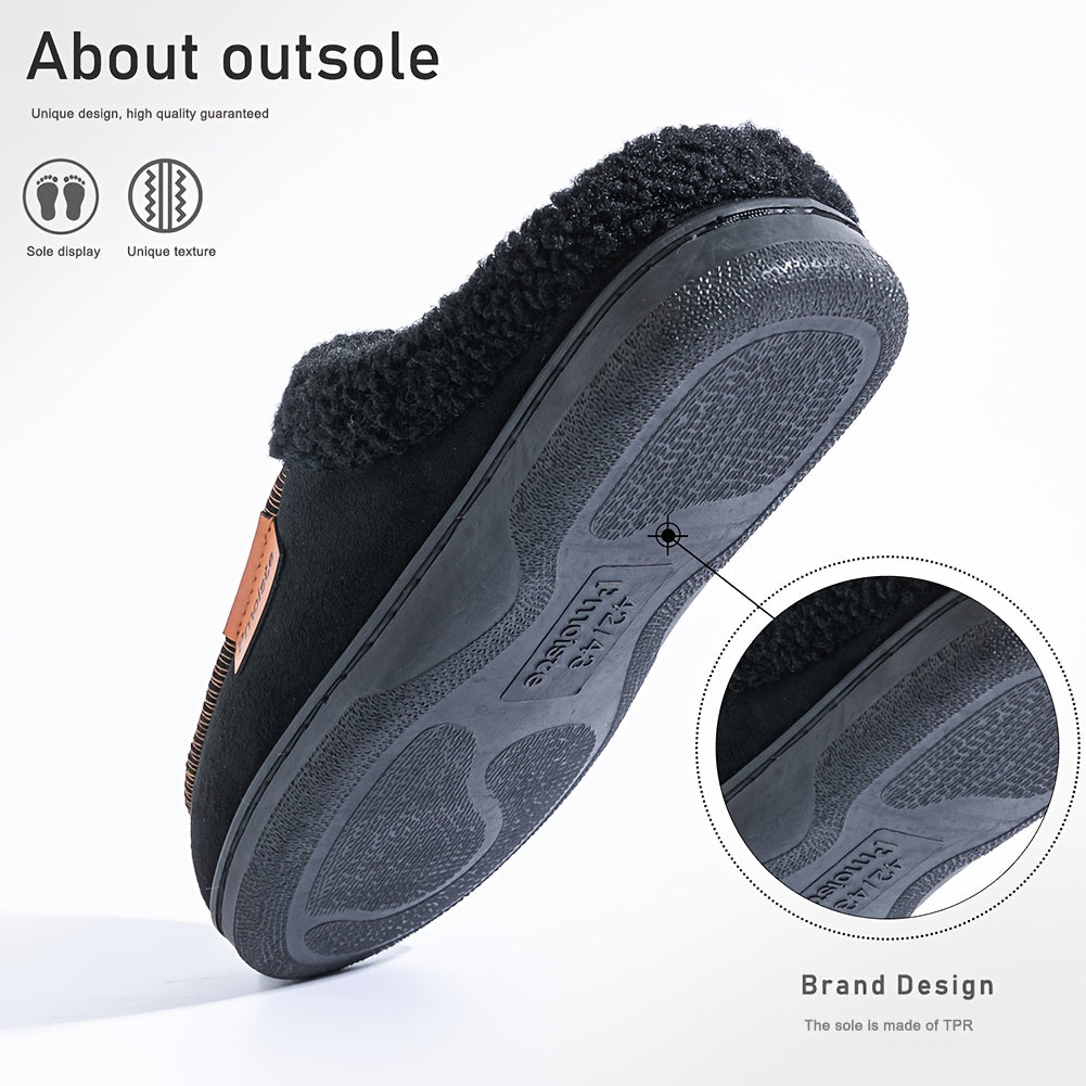 PMOISTE Men'S Plush Fuzzy Retro House Shoes - Winter Warm Indoor/Outdoor Slippers with Plush & TPR Sole, Slip-On Round Toe Design, Indoor Slippers, Indoor Footwear, Minimalist Style, Durable Footwear