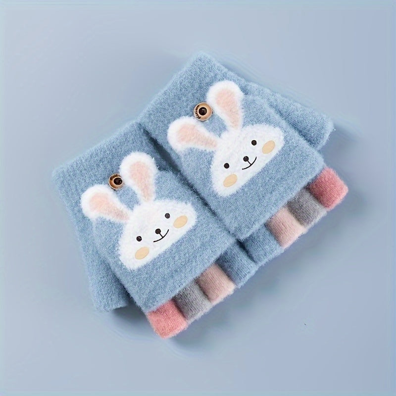 A Pair of Gloves, Thick Half-Finger Knitted Cartoon Warm Flip Gloves for Girls in Winter