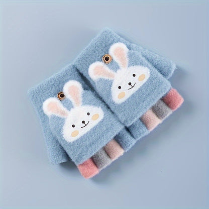 A Pair of Gloves, Thick Half-Finger Knitted Cartoon Warm Flip Gloves for Girls in Winter