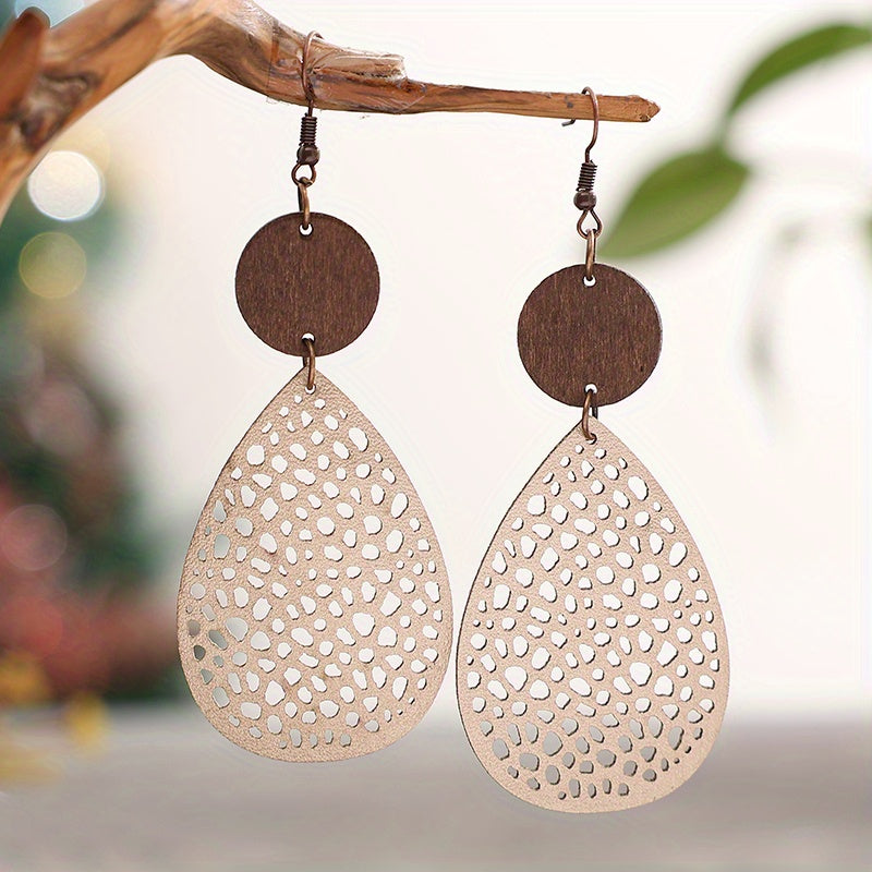 Vintage Style Hollow-Out PU Leather Drop Earrings, Iron Post, Non-Feather, for Daily Wear & Gifting, Versatile Jewelry | Vintage Earrings | Iron Ear Hooks, Novelty Earrings