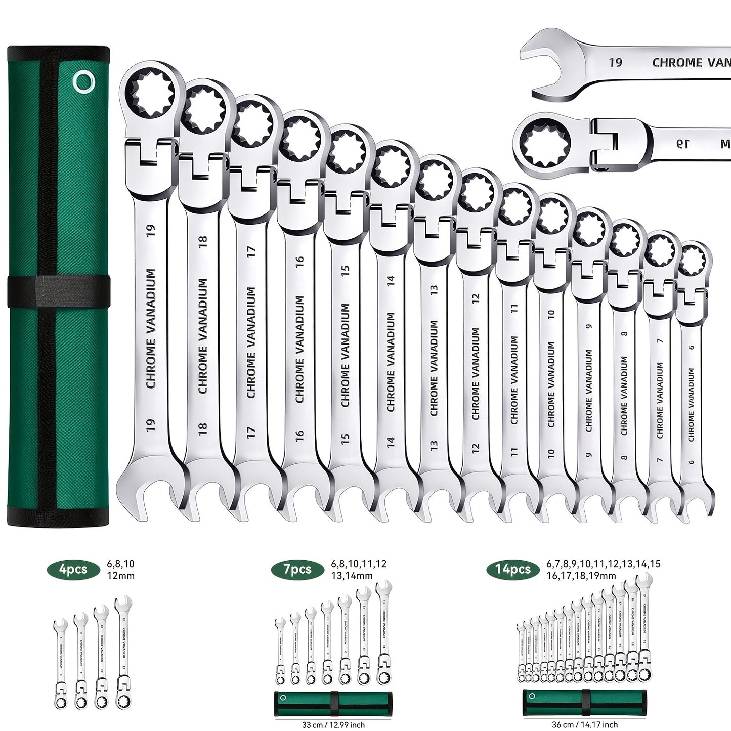 14pcs/7pcs/4pcs Adjustable Head Ratchet Wrench Set | Mirror Chrome Plated Square Drive Quick Ratchet Full Set, Home Auto Repair Tools, Hardware Tools, Ideal Gift for Husband or Father - DAZOSHO