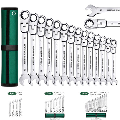 14pcs/7pcs/4pcs Adjustable Head Ratchet Wrench Set | Mirror Chrome Plated Square Drive Quick Ratchet Full Set, Home Auto Repair Tools, Hardware Tools, Ideal Gift for Husband or Father - DAZOSHO