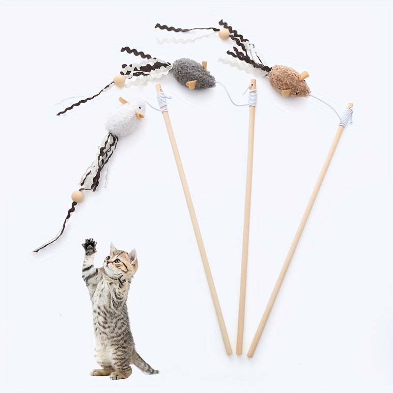 Interactive Plush Mouse Cat Teaser Stick with Wooden Rod - Fun and Engaging Toy for Cats