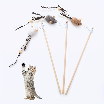 Interactive Plush Mouse Cat Teaser Stick with Wooden Rod - Fun and Engaging Toy for Cats
