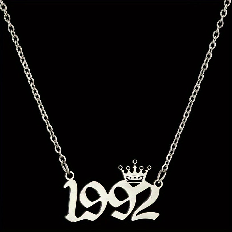 1 Elegant and Stylish Stainless Steel Polished Year Number Necklace, Unique Date Birthday Crown Pendant Necklace Gift for 1980-2024, Versatile Casual Attire Collarbone Chain Holiday Present