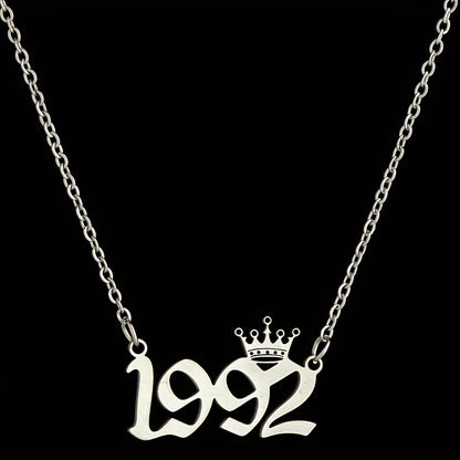 1 Elegant and Stylish Stainless Steel Polished Year Number Necklace, Unique Date Birthday Crown Pendant Necklace Gift for 1980-2024, Versatile Casual Attire Collarbone Chain Holiday Present