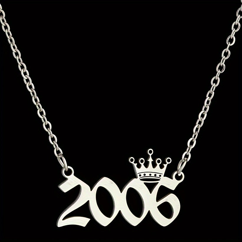 1 Elegant and Stylish Stainless Steel Polished Year Number Necklace, Unique Date Birthday Crown Pendant Necklace Gift for 1980-2024, Versatile Casual Attire Collarbone Chain Holiday Present
