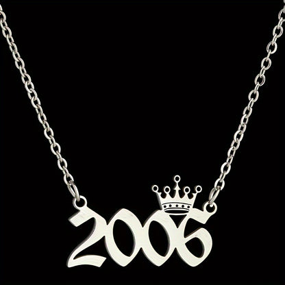 1 Elegant and Stylish Stainless Steel Polished Year Number Necklace, Unique Date Birthday Crown Pendant Necklace Gift for 1980-2024, Versatile Casual Attire Collarbone Chain Holiday Present