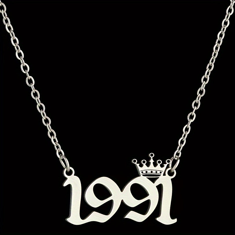 1 Elegant and Stylish Stainless Steel Polished Year Number Necklace, Unique Date Birthday Crown Pendant Necklace Gift for 1980-2024, Versatile Casual Attire Collarbone Chain Holiday Present