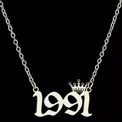 1 Elegant and Stylish Stainless Steel Polished Year Number Necklace, Unique Date Birthday Crown Pendant Necklace Gift for 1980-2024, Versatile Casual Attire Collarbone Chain Holiday Present