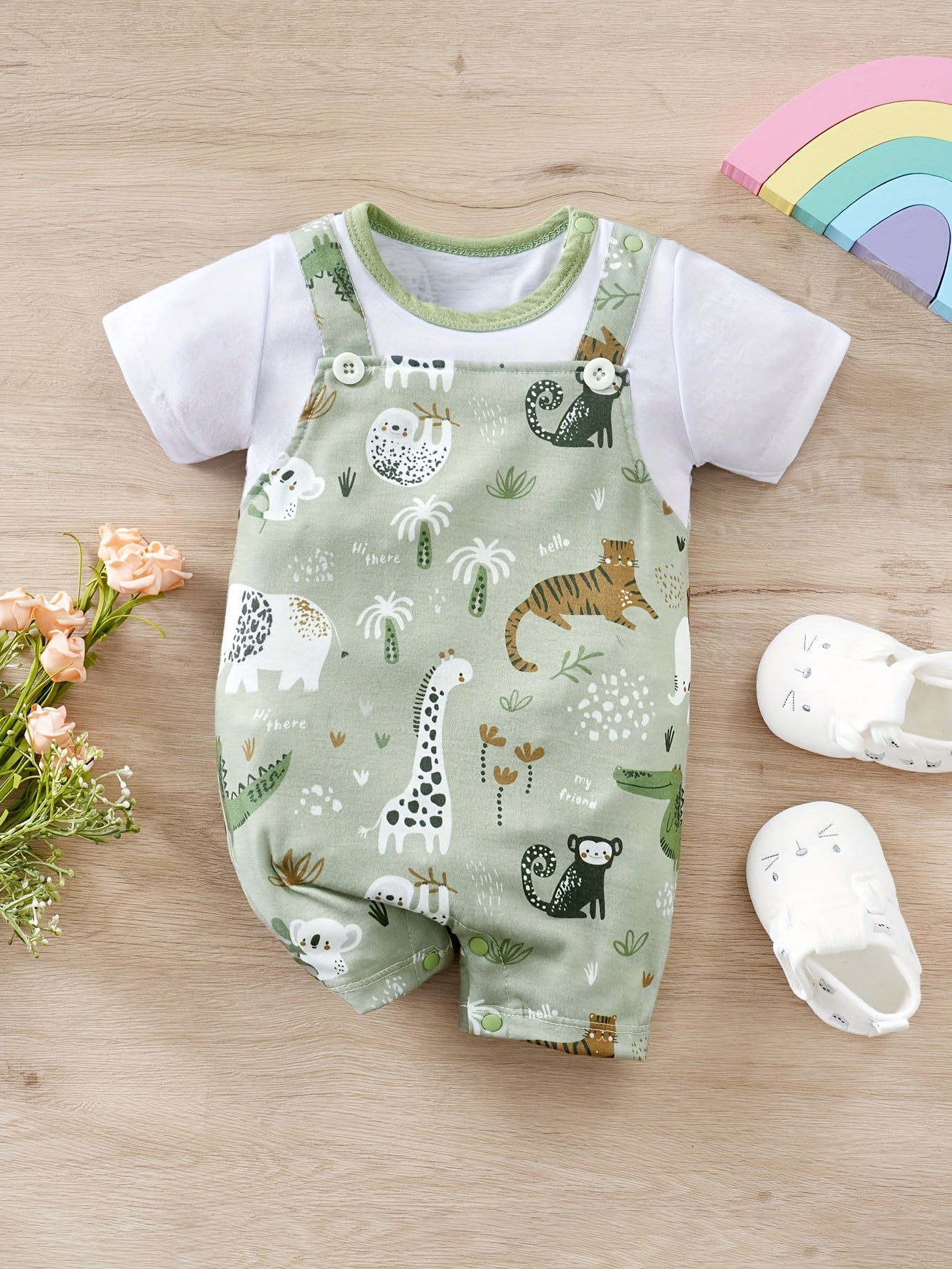 [2pcs Cartoon Romper] Two-piece Faux Bodysuit, Infant's Cartoon Zoo Animal Print Casual Short Sleeve Romper | Baby Boy's Outdoor Clothing