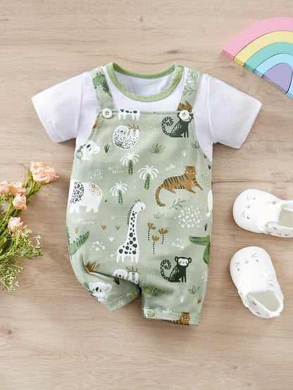 [2pcs Cartoon Romper] Two-piece Faux Bodysuit, Infant's Cartoon Zoo Animal Print Casual Short Sleeve Romper | Baby Boy's Outdoor Clothing