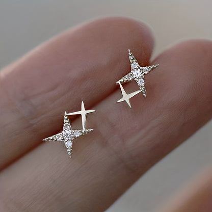 Trendy Inlay Zirconia Double Star Stud Earrings for Women Proposal Engagement Party Jewelry Gift