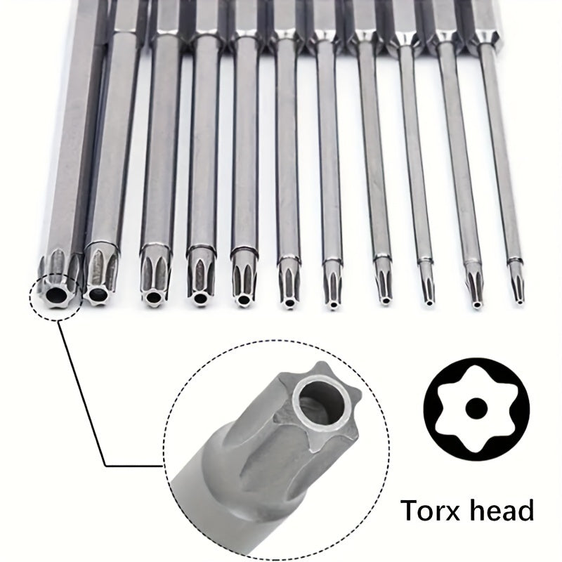 11pcs Precision Star Torx Bit Set - High-Strength S2 Alloy Steel, 75mm Length, T6-T40 Sizes, Versatile Mechanic & Home DIY Tool Kit with Hex Socket for Vehicle and Electrical Maintenance, Durable and Corrosion-Resistant
