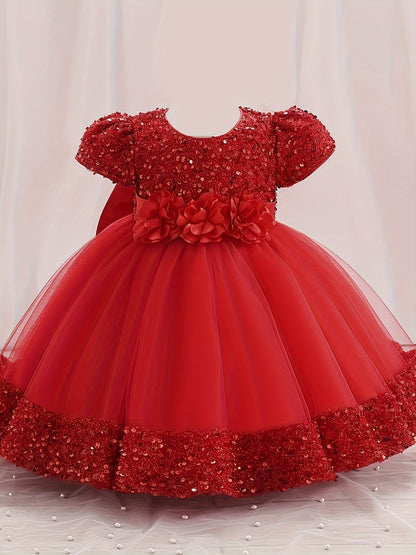 Sequined Children's Gown with Puffy Tulle Princess Dress for Baby Girl's First Birthday Party