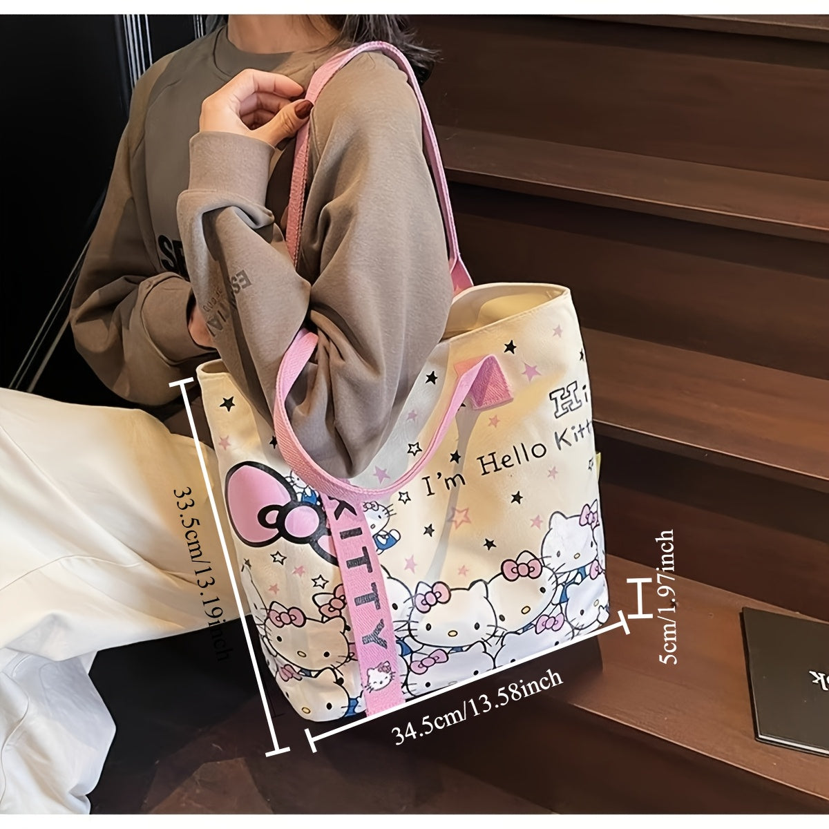 Sanrio Hello Kitty Tote Bag, Large Canvas Durable And Stylish, Cute Starry Sky Design Pink Handles, Commuting Shoulder Bag, Hello Kitty Style