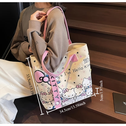 Sanrio Hello Kitty Tote Bag, Large Canvas Durable And Stylish, Cute Starry Sky Design Pink Handles, Commuting Shoulder Bag, Hello Kitty Style