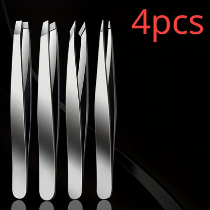 4pcs Stainless Steel Tweezers Set Eyebrow Splinter & Ingrown Hair Removal Tools with Storage Bag for Men & Women Eyebrow Grooming Tools