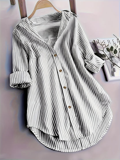 Elegant Striped Shirt for Women, Stylish Long-Sleeve Blouse with a Collar And Pockets