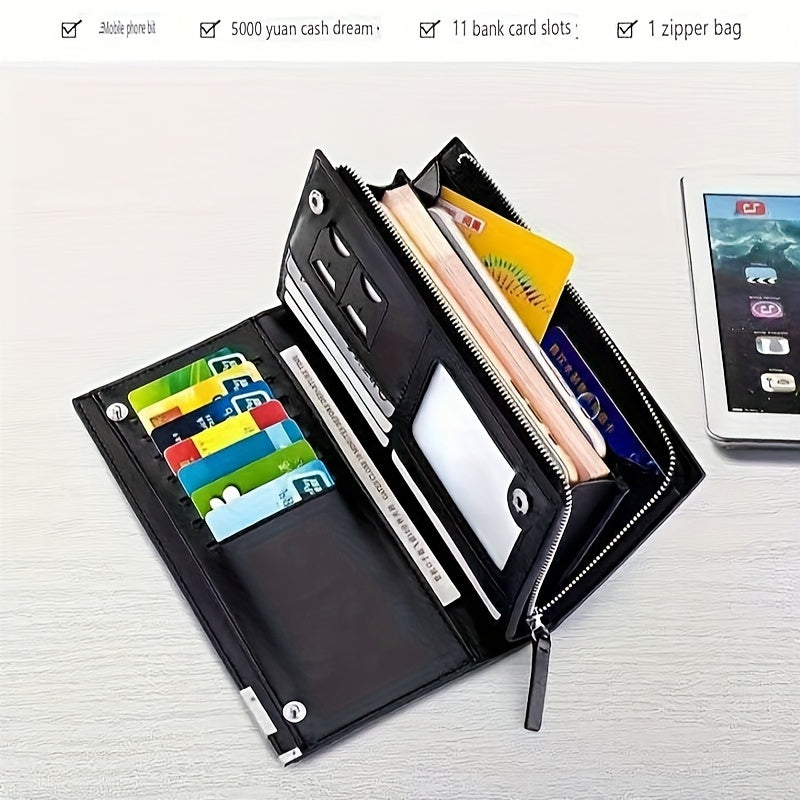 1pc Men's Wallet, Long Large Capacity Casual Trendy Mobile Phone Card Bag, Driver's License Zipper Faux Leather Bag, 2024 New Model, Open-mouth