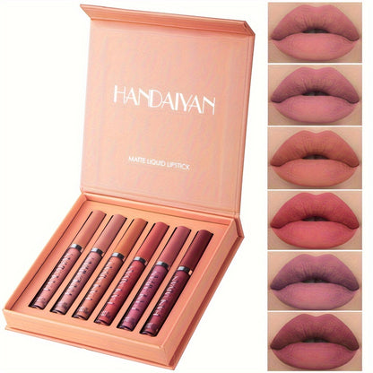 [Matte Liquid Lipstick Set] 6pcs HANDAIYAN Matte Liquid Lipstick Set - Waterproof Long-Lasting Full Coverage Lip Gloss, Non-Stick Formula with 6 Shades (, Nude, Burgundy, Deep, Plum,) - Lip Tint Kit for Lips & All Light Types