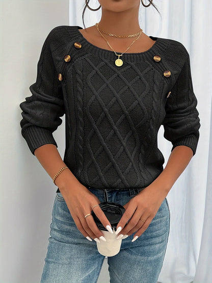 New Round Neck Textured Button Lantern Sleeve Sweater
