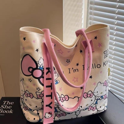 Sanrio Hello Kitty Tote Bag, Large Canvas Durable And Stylish, Cute Starry Sky Design Pink Handles, Commuting Shoulder Bag, Hello Kitty Style