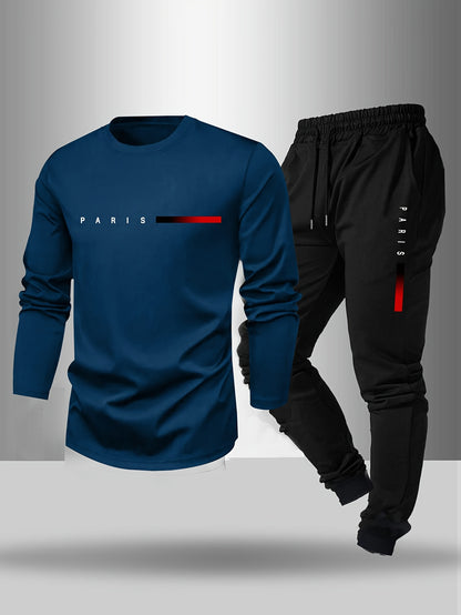Men's Long Sleeve T-Shirt and Pants Set, Spring/Autumn 2-Piece Set with Paris Letter Print Crew Neck Long Sleeve T-Shirt + Drawstring Outdoor Casual Sports Pants Set 2-Piece