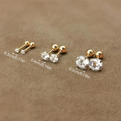 1 Pair or 3 Pairs of Stainless Steel Golden Four-claw Twisted Round Ball Synthetic Synthetic Zirconia Stud Earrings, Simple and Stylish Ear Jewelry. Suitable for Women's Daily Wear