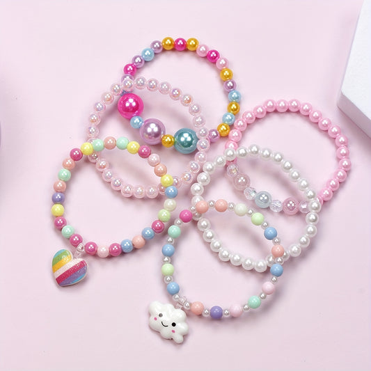 6pcs Multi-color Beaded Bracelets Sets for Little Girls Jewelry Sets, Party Favors Accessories for Kids Girls Cloud Love Pendant Set for Children Goodie Bags Fillers Classroom Prizes, Birthday Gift