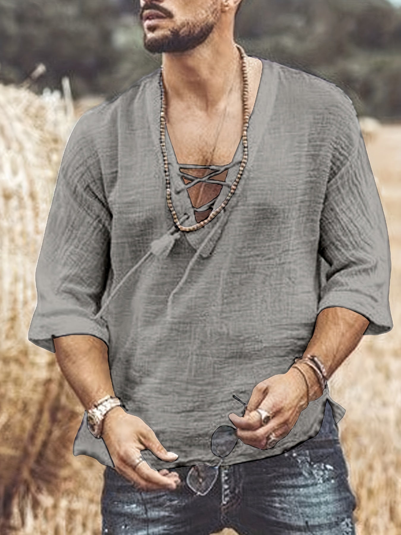 [Summer T-Shirt] Breathable Summer Men's V-Neck Short-Sleeve T-Shirt | Casual Fashion Solid Color Drawstring with Wrinkle Fabric